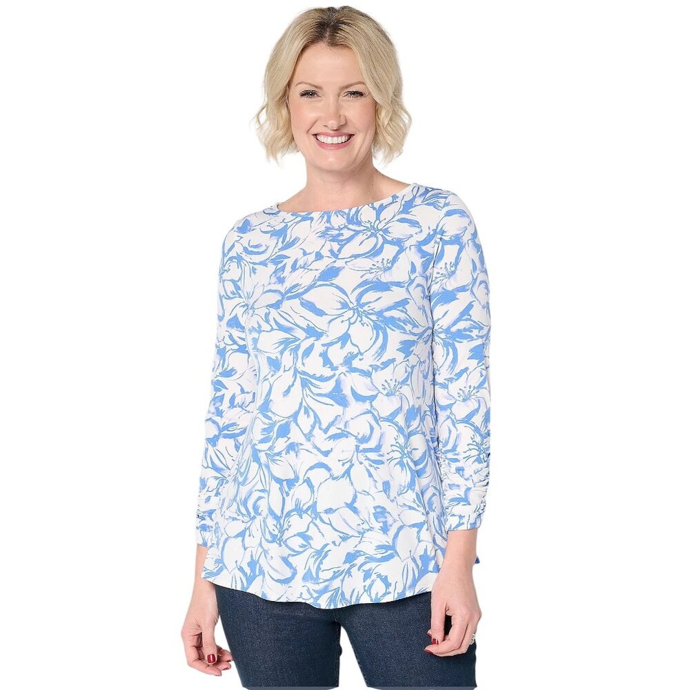 Susan Graver Top Plus Size 1X Bateau Neck Ruched 3/4 Sleeve Feather Blue White